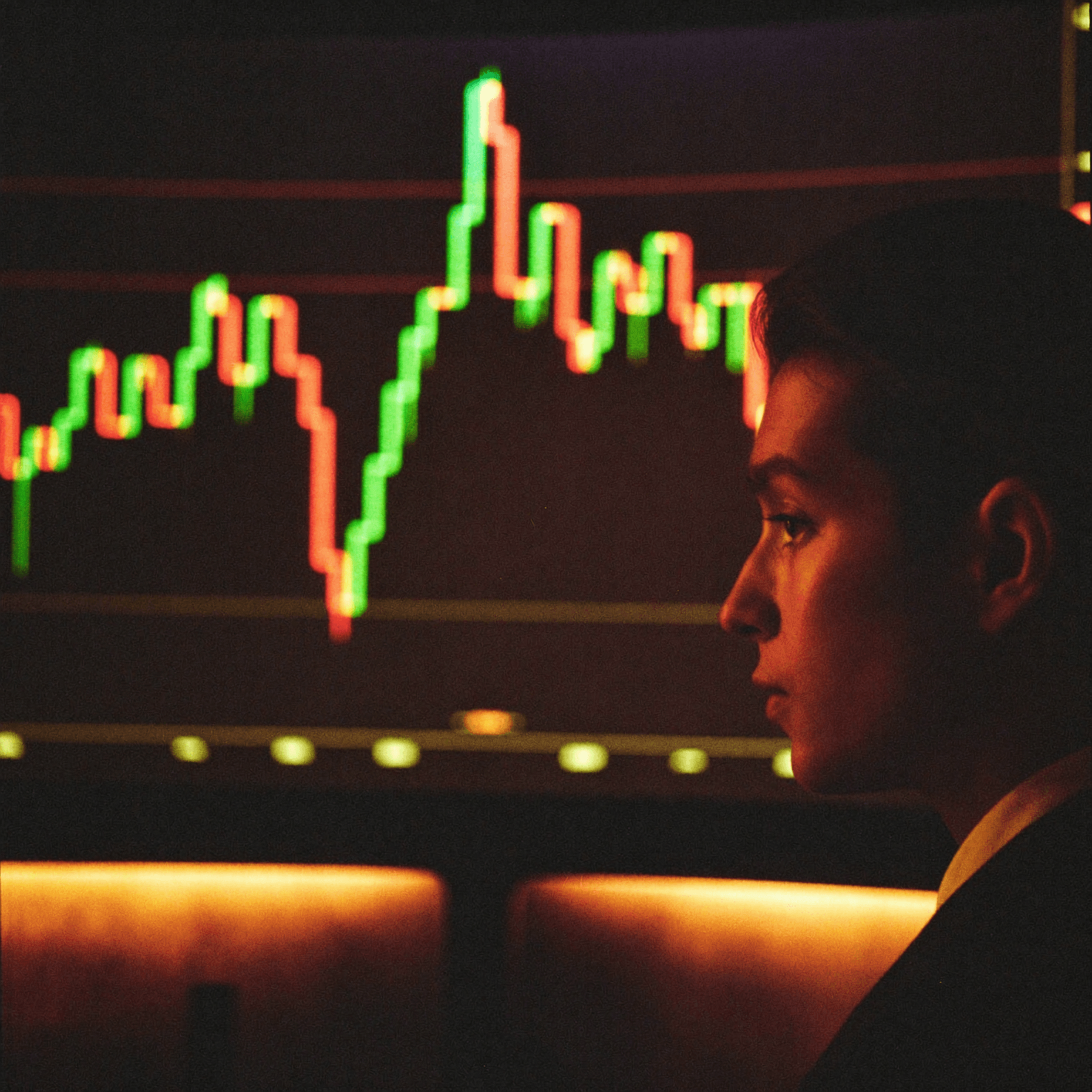Trader in profile studying a live candlestick chart