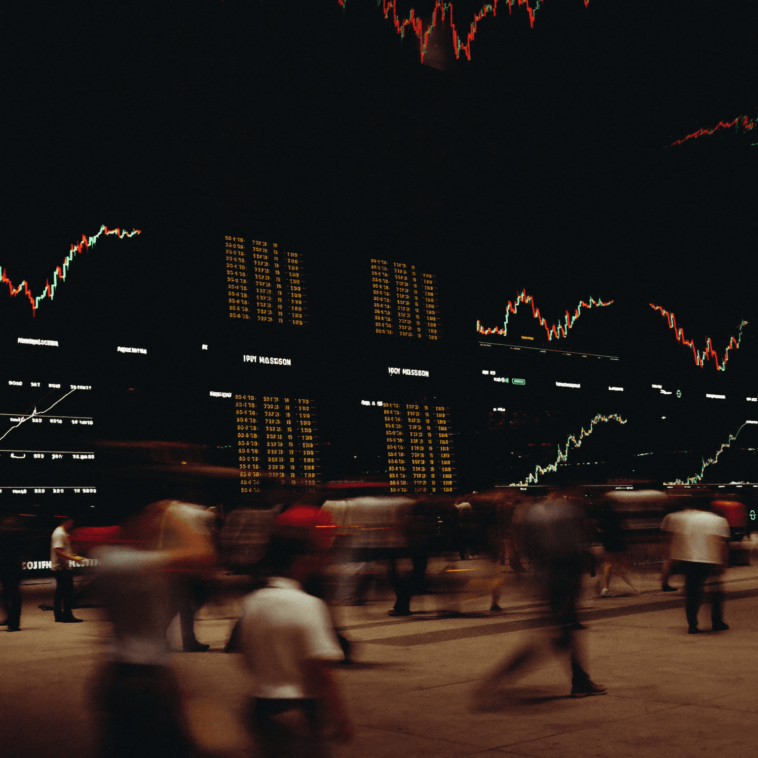 Long-exposure of a live trading floor at night